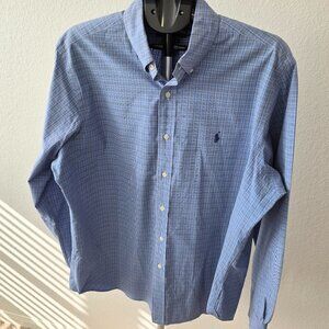 RALPH LAUREN CLASSIC FIT MENS 17/XL PLAID IN BLUES AND WHITE LONG SLEEVE SHIRT